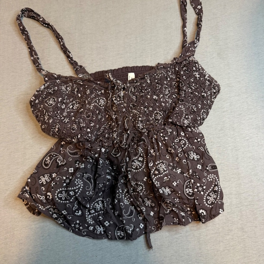 American Eagle Brown Bandana Paisley Smocked Babydoll Cami Top XS Boho Braided